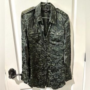 Jill Stuart Camo Green Camp Silk Long Sleeve Shirt Dress